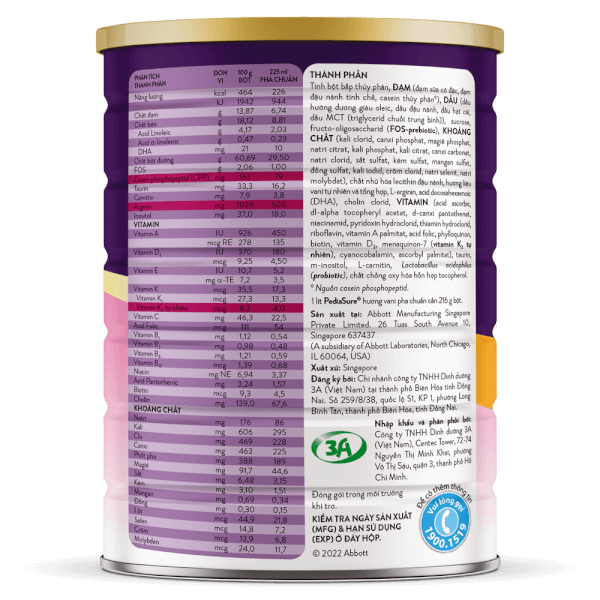 Sữa PediaSure BA 1.6kg ít ngọt cho bé 1-10 tuổi (vị vani)